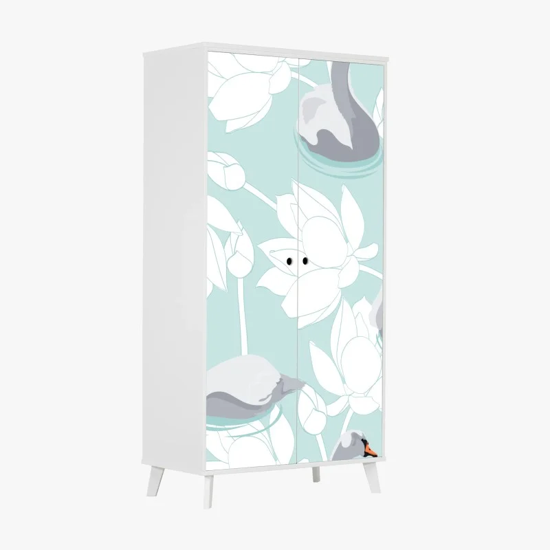 Adesivo per armadio eleganza di cigni e fiori di loto