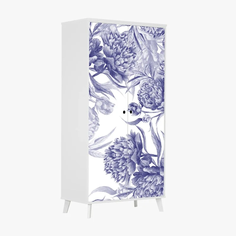 Adesivo per armadio motivo elegante di peonie blu su sfondo bianco