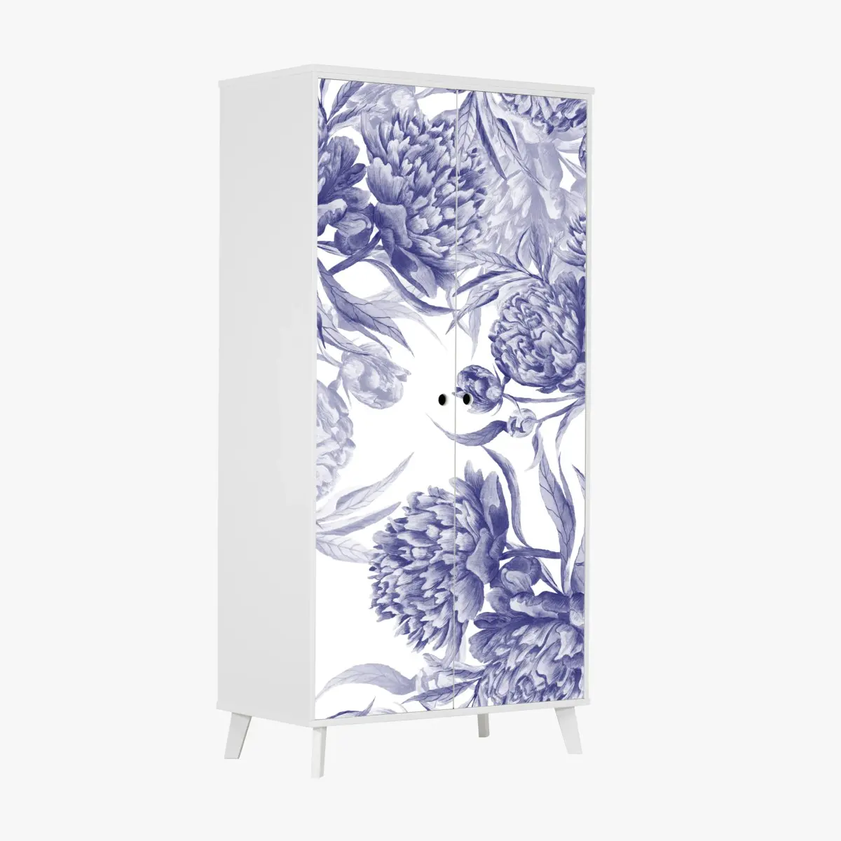 Adesivo per armadio motivo elegante di peonie blu su sfondo bianco • Wallissimo®