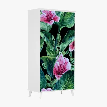 Adesivo per armadio motivo botanico tropicale in acquerello su sfondo nero • Wallissimo®