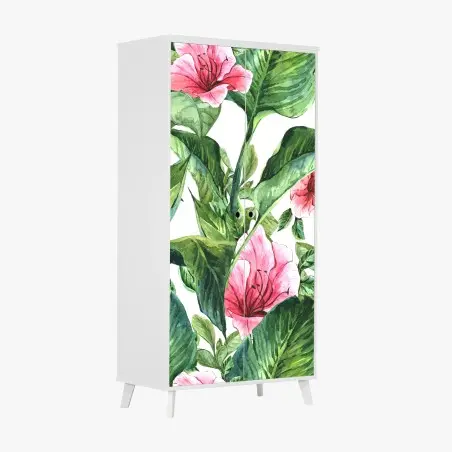 Adesivo per armadio motivo botanico tropicale con fiori rosa • Wallissimo®