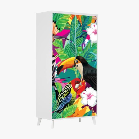 Adesivo per armadio esplosione tropicale di uccelli e fiori • Wallissimo®