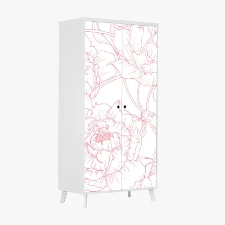 Adesivo per armadio motivo floreale di peonie rosa su sfondo bianco • Wallissimo®