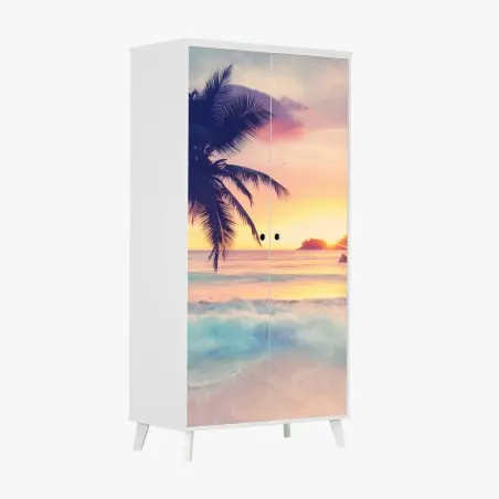 Adesivo per armadio tramonto tropicale con palma sul mare • Wallissimo®