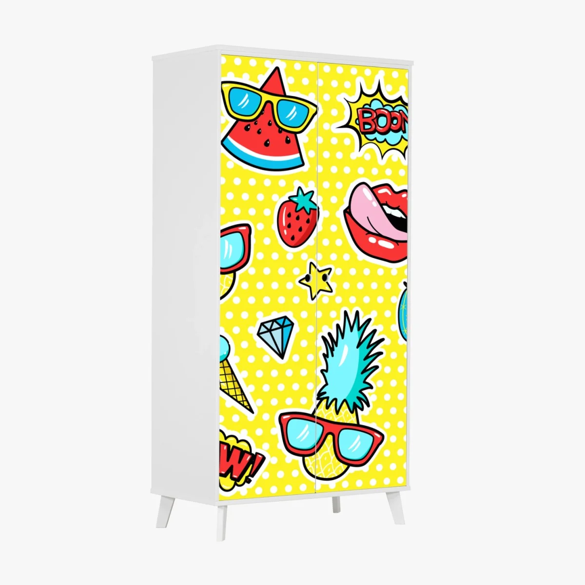 Adesivo per armadio motivo pop art estivo con frutta e simboli divertenti • Wallissimo® Adesivo per armadio motivo pop art estivo con frutta e simboli divertenti • Wallissimo®