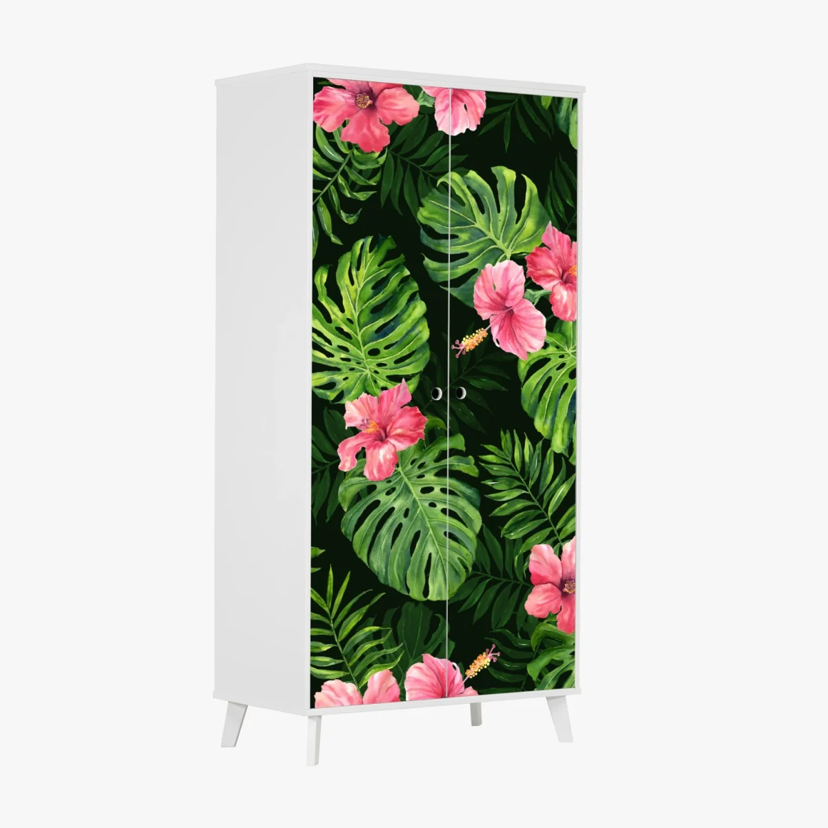 Adesivo per armadio motivo tropicale con foglie di monstera e hibiscus rosa • Wallissimo® Adesivo per armadio motivo tropicale con foglie di monstera e hibiscus rosa • Wallissimo®