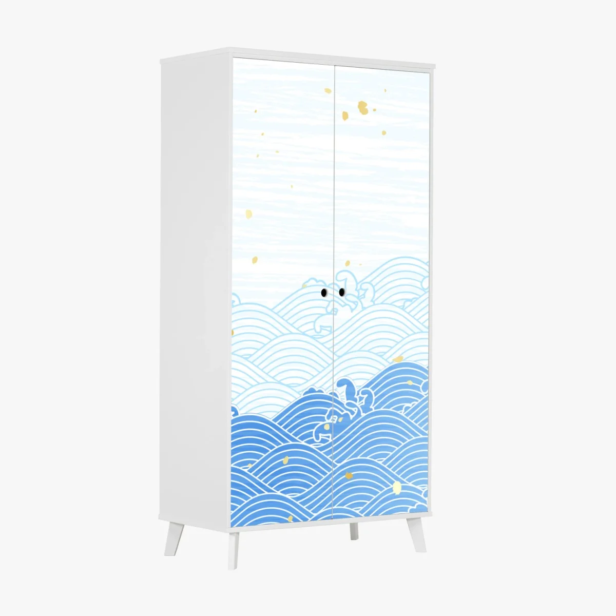 Adesivo per armadio motivo di onde stilizzate in blu con dettagli dorati • Wallissimo® Adesivo per armadio motivo di onde stilizzate in blu con dettagli dorati • Wallissimo®