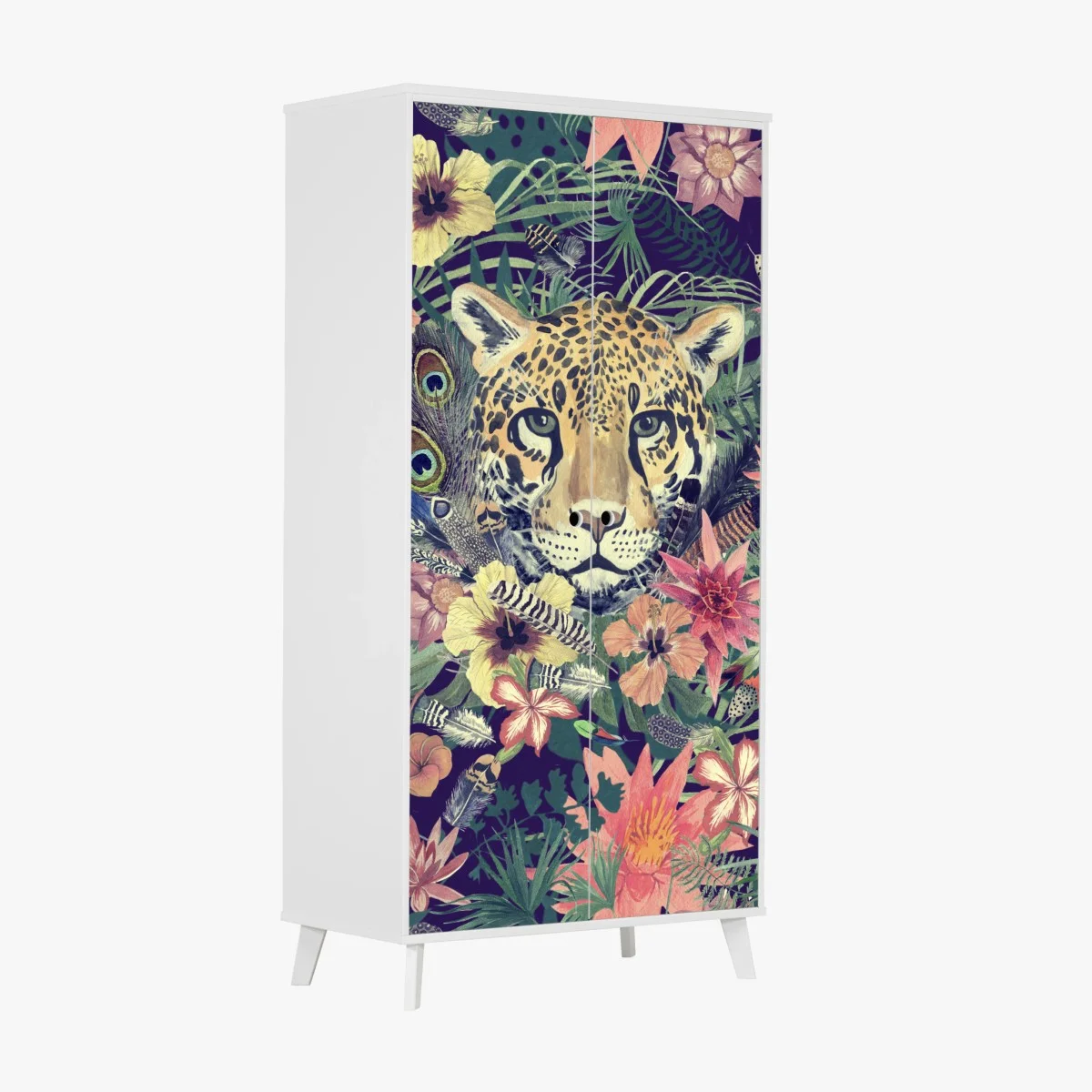 Adesivo per armadio ritratto floreale di leopardo in acquerello • Wallissimo® Adesivo per armadio ritratto floreale di leopardo in acquerello • Wallissimo®
