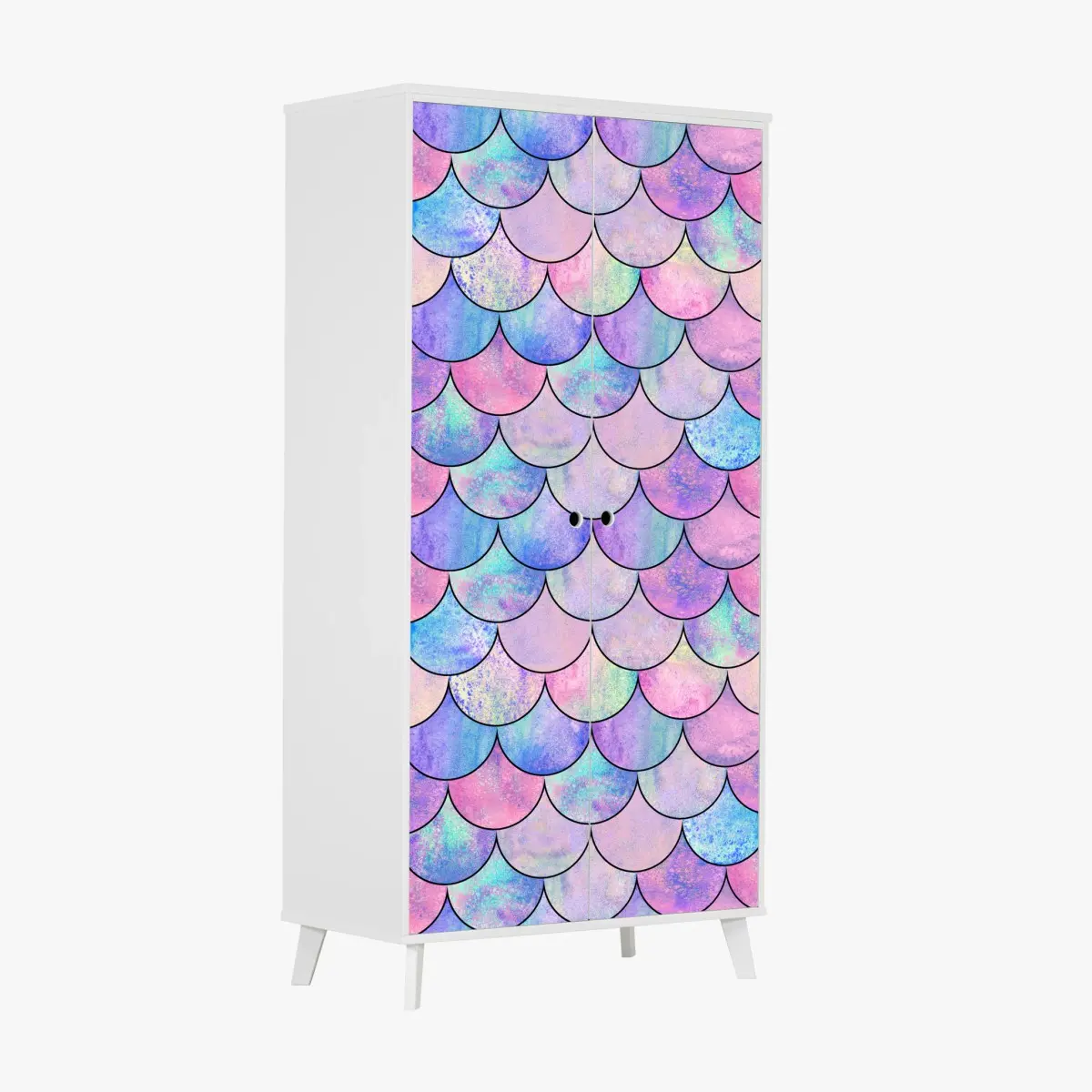 Adesivo per armadio motivo squame di sirena acquerellato in tonalità pastello iridescenti • Wallissimo®