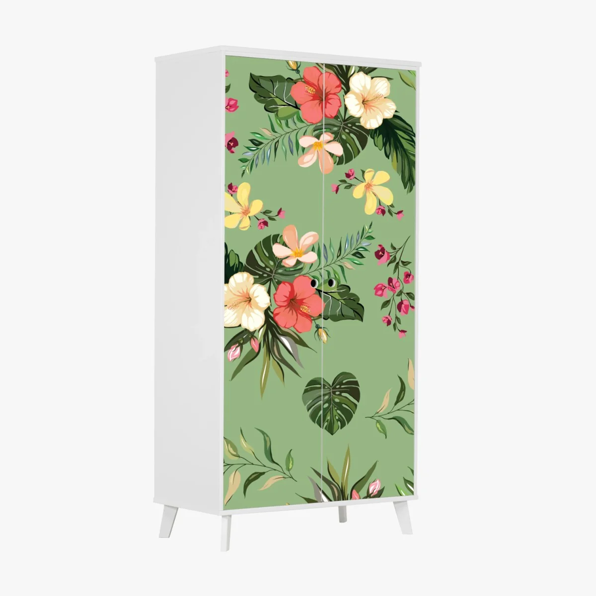Adesivo per armadio motivo tropicale floreale su sfondo verde • Wallissimo® Adesivo per armadio motivo tropicale floreale su sfondo verde • Wallissimo®