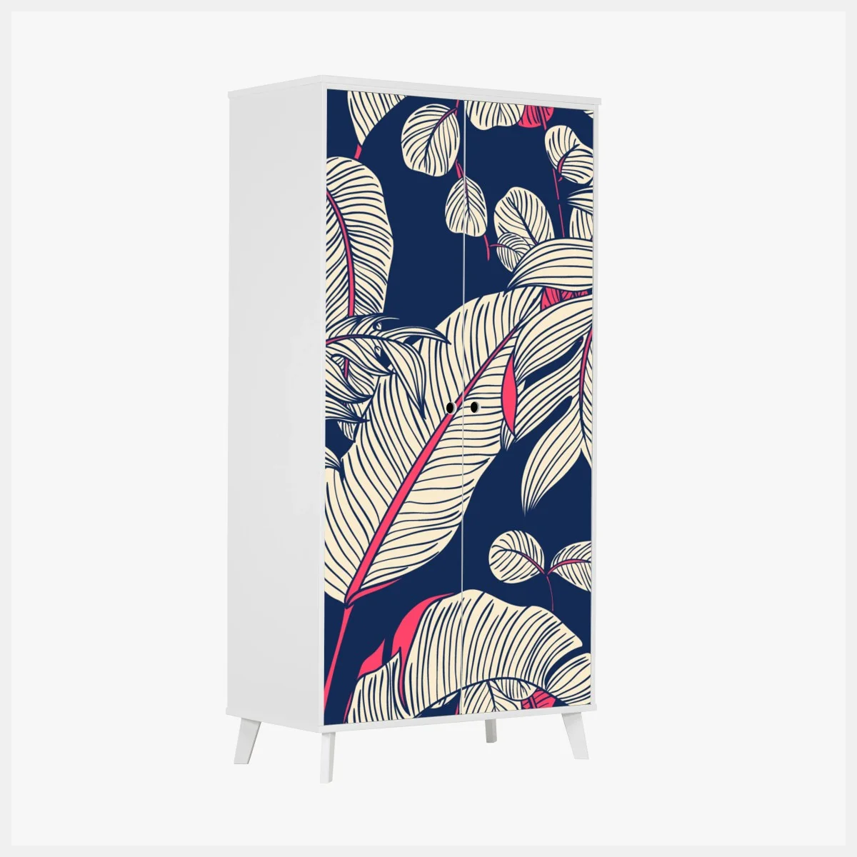 Adesivo per armadio motivo botanico tropicale blu scuro e rosa • Wallissimo® Adesivo per armadio motivo botanico tropicale blu scuro e rosa • Wallissimo®