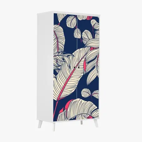 Adesivo per armadio motivo botanico tropicale blu scuro e rosa • Wallissimo®
