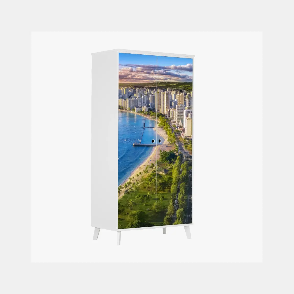 Adesivo per armadio vista aerea di Waikiki al tramonto • Wallissimo®