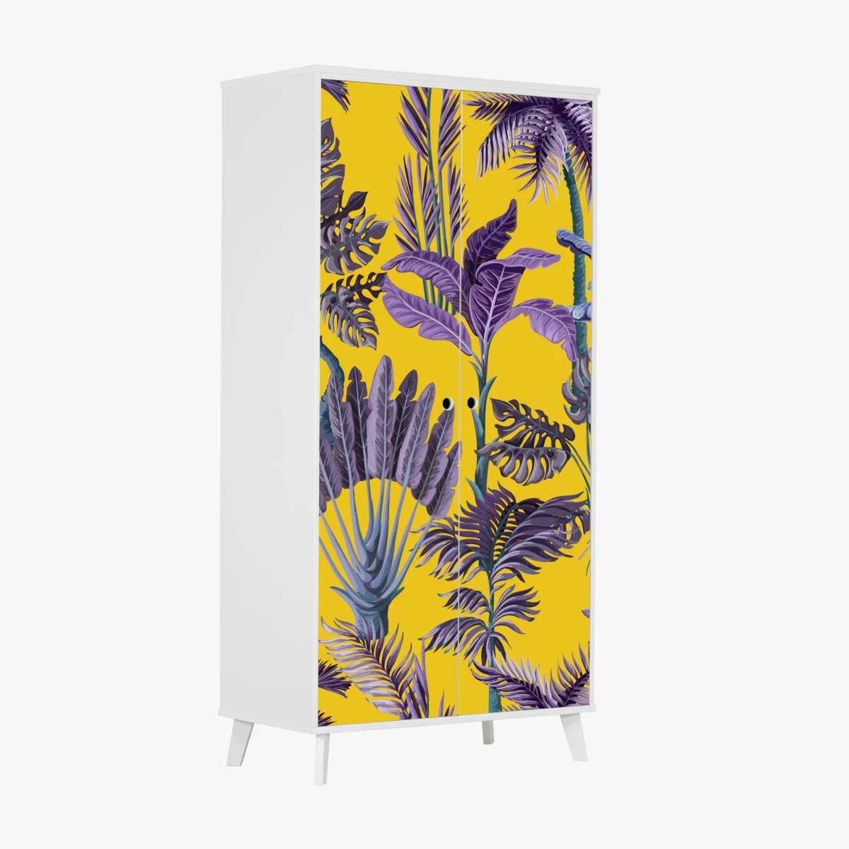 Adesivo per armadio giungla tropicale viola su sfondo giallo • Wallissimo® Adesivo per armadio giungla tropicale viola su sfondo giallo • Wallissimo®