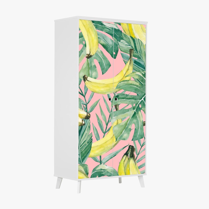 Adesivo per armadio motivo tropicale banane e foglie acquerello su sfondo rosa