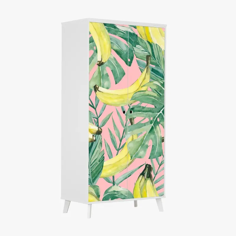 Adesivo per armadio motivo tropicale banane e foglie acquerello su sfondo rosa