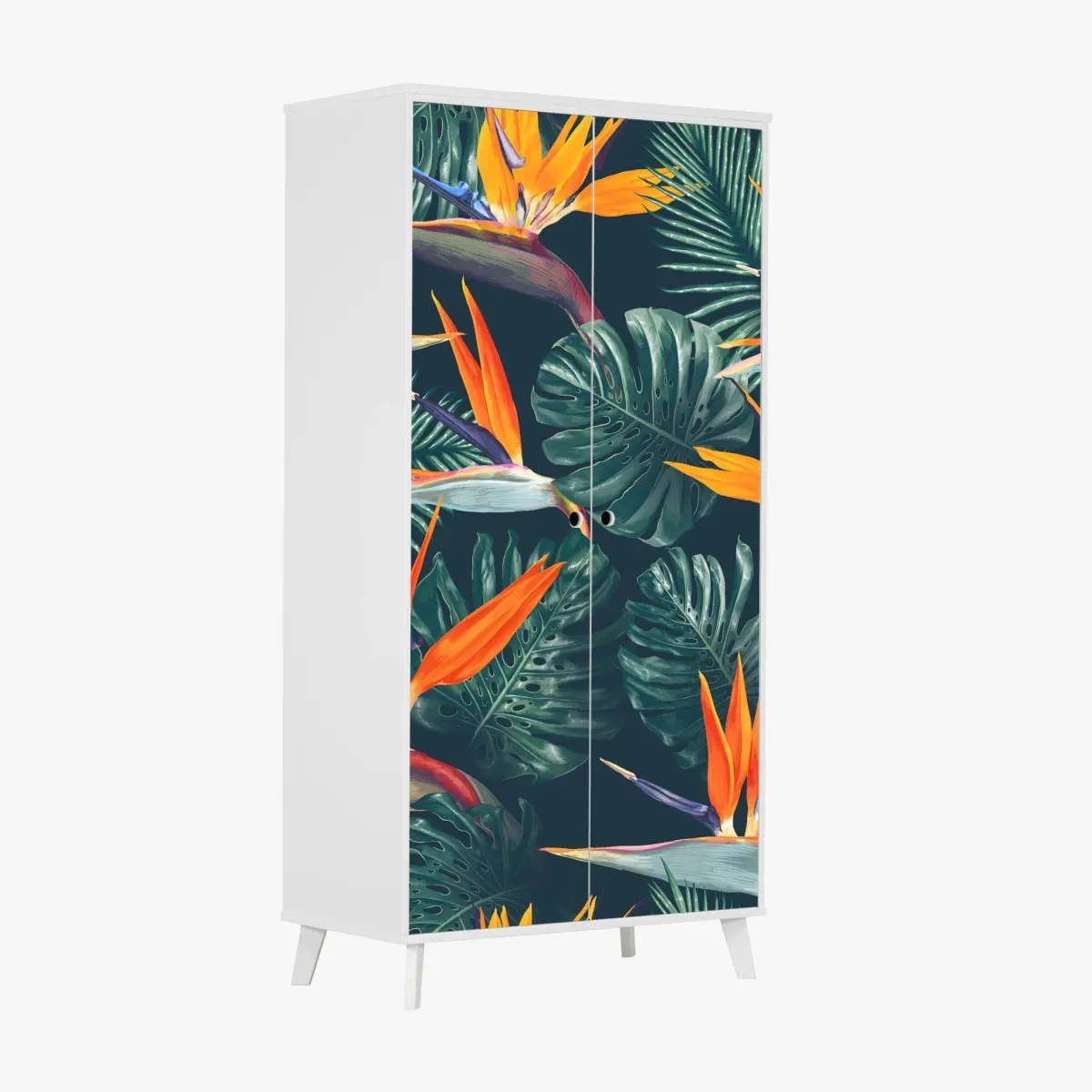 Adesivo per armadio tropicale fiori di paradiso e foglie monstera • Wallissimo®