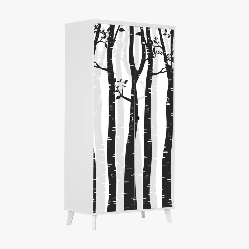 Adesivo per armadio foresta di betulle in bianco e nero