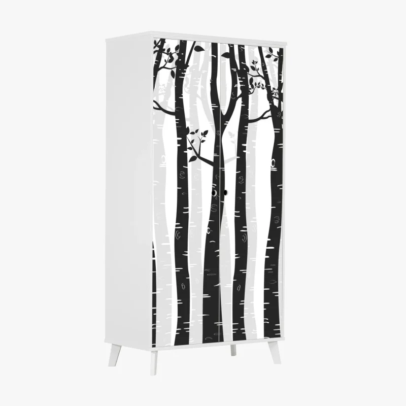 Adesivo per armadio foresta di betulle in bianco e nero