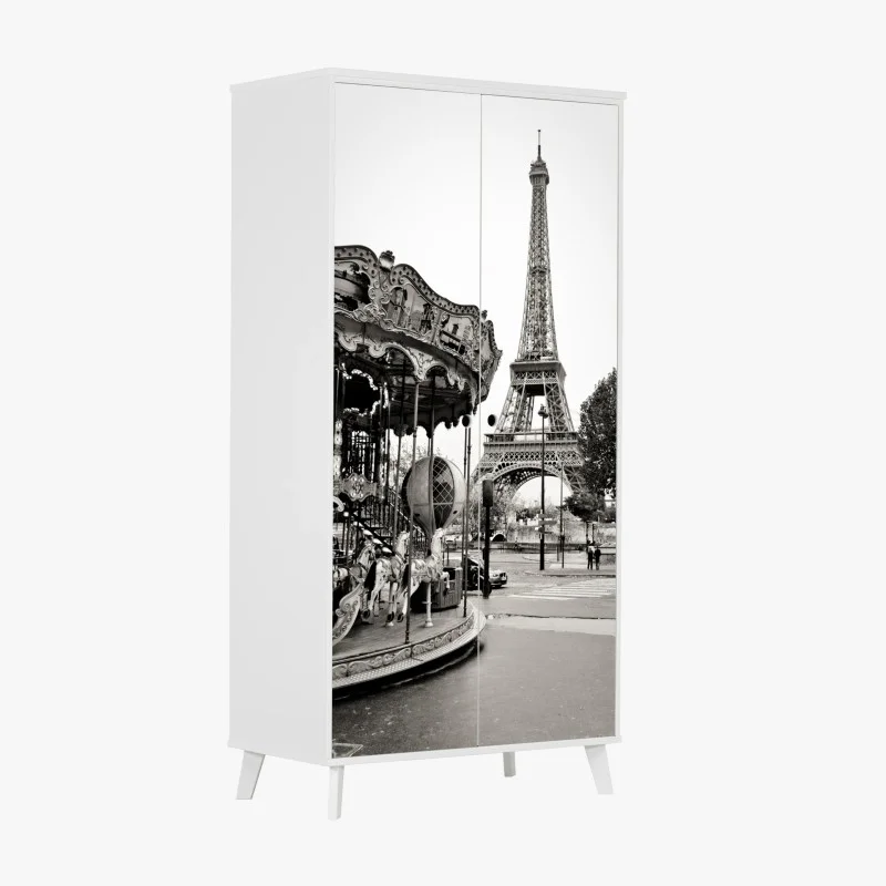 Adesivo per armadio magica vista di Parigi con la Torre Eiffel e giostra d'epoca