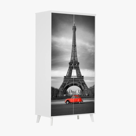 Adesivo per armadio paesaggio urbano monocromatico a Parigi con auto rossa e Torre Eiffel • Wallissimo®