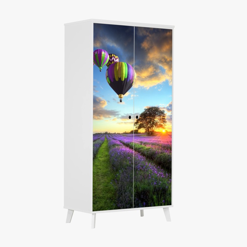 Adesivo per armadio tramonto di lavanda e mongolfiere sulla campagna