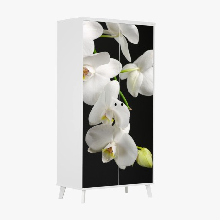 Adesivo per armadio eleganza di orchidee bianche su sfondo nero • Wallissimo®