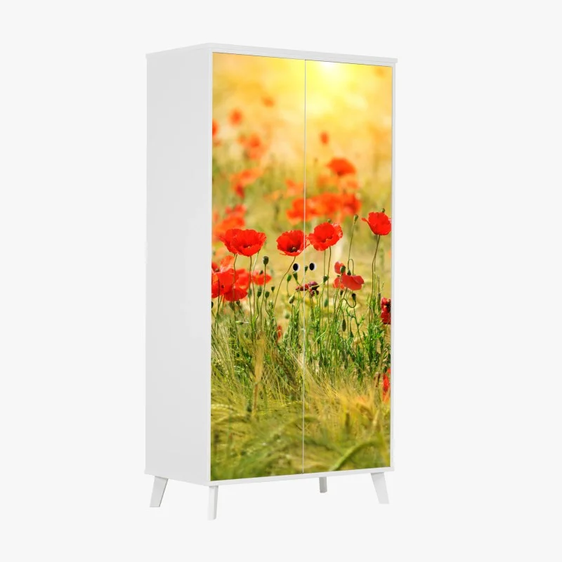 Adesivo per armadio papaveri al tramonto in campo dorato