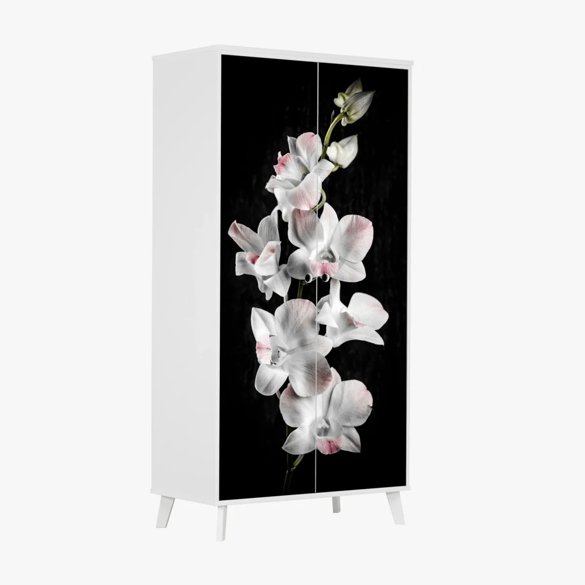 Adesivo per armadio orchidea bianca con sfumature rosa su sfondo nero • Wallissimo® Adesivo per armadio orchidea bianca con sfumature rosa su sfondo nero • Wallissimo®