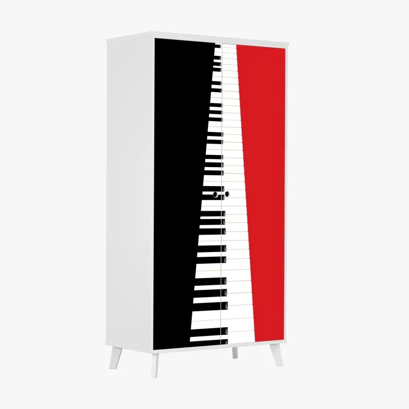 Adesivo per armadio tastiera di pianoforte minimalista su sfondo rosso e nero