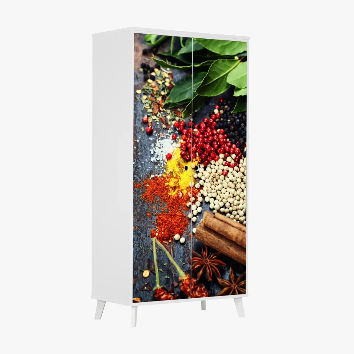 Adesivo per armadio composizione di spezie ed erbe aromatiche su legno rustico • Wallissimo®