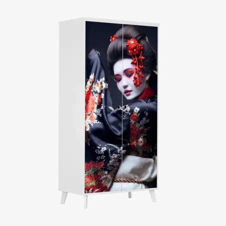 Adesivo per armadio eleganza di una geisha in kimono floreale • Wallissimo®