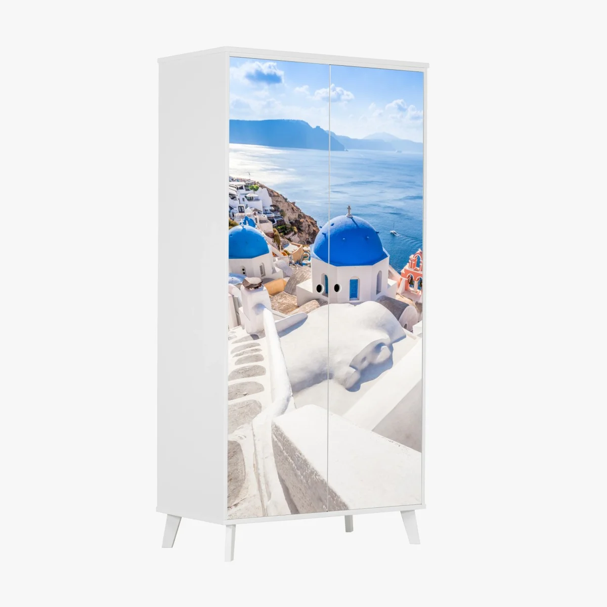 Adesivo per armadio panorama marino di Santorini con cupole blu • Wallissimo® Adesivo per armadio panorama marino di Santorini con cupole blu • Wallissimo®