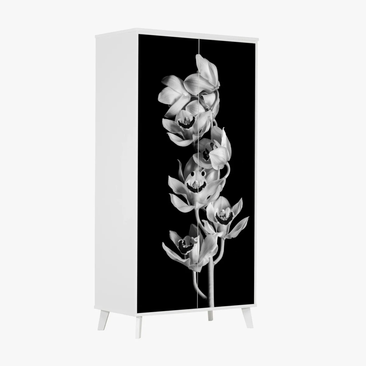 Adesivo per armadio eleganza di orchidee in bianco e nero • Wallissimo® Adesivo per armadio eleganza di orchidee in bianco e nero • Wallissimo®