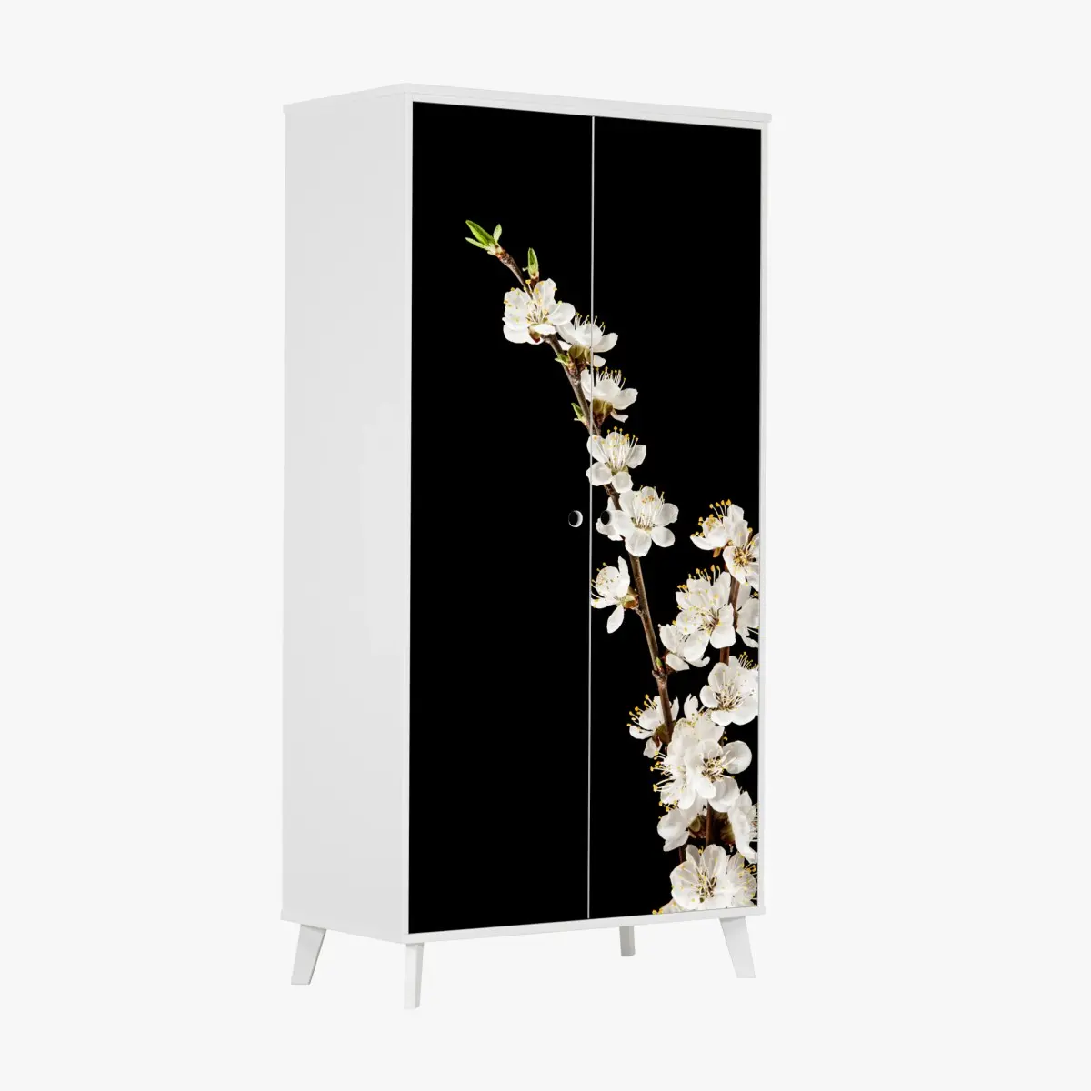 Adesivo per armadio ramo di albicocco in fiore su sfondo nero • Wallissimo®