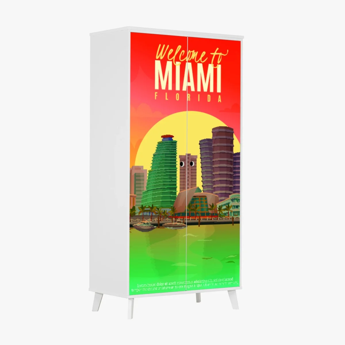 Adesivo per armadio benvenuto a Miami: skyline al tramonto • Wallissimo® Adesivo per armadio benvenuto a Miami: skyline al tramonto • Wallissimo®