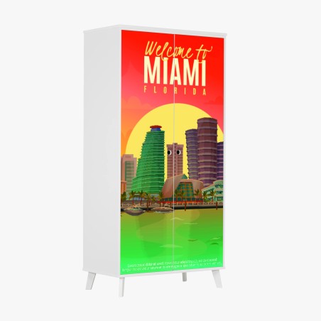 Adesivo per armadio benvenuto a Miami: skyline al tramonto • Wallissimo®