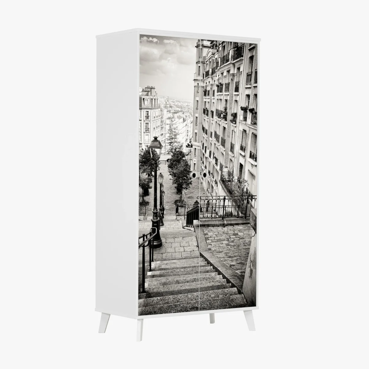 Adesivo per armadio scalinata di Parigi in bianco e nero • Wallissimo® Adesivo per armadio scalinata di Parigi in bianco e nero • Wallissimo®