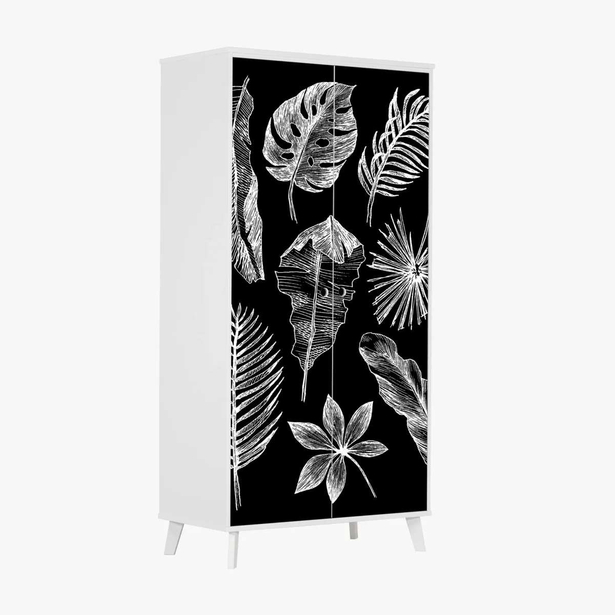 Adesivo per armadio fogliame tropicale a gessetto su sfondo nero • Wallissimo® Adesivo per armadio fogliame tropicale a gessetto su sfondo nero • Wallissimo®