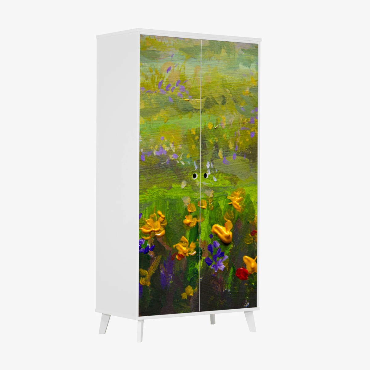 Adesivo per armadio campo impressionista di fiori viola e dorati • Wallissimo®