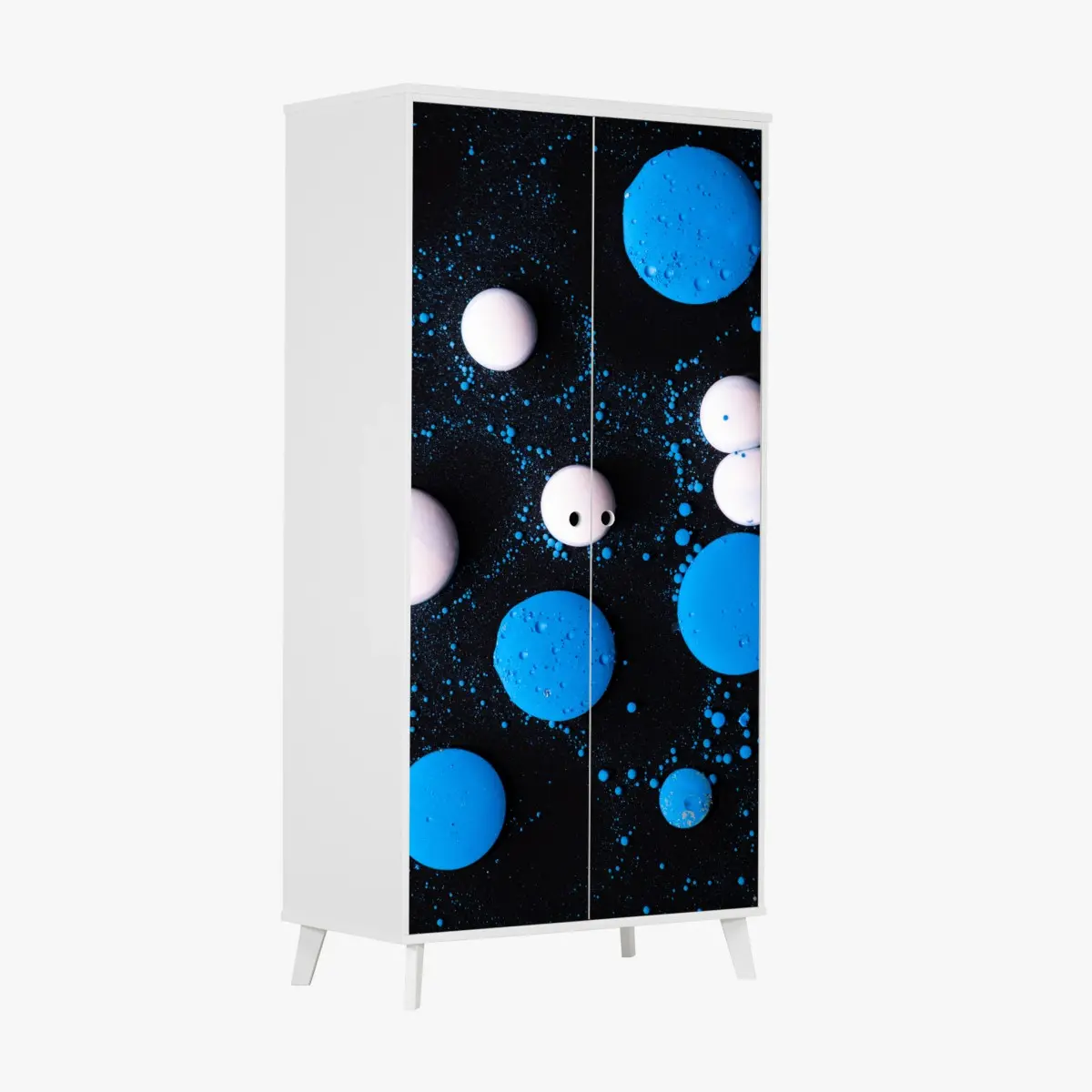 Adesivo per armadio motivo astratto blu e bianco a bolle • Wallissimo®