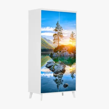Adesivo per armadio tramonto autunnale sul lago Hintersee, isola rocciosa e riflessi alpini • Wallissimo®