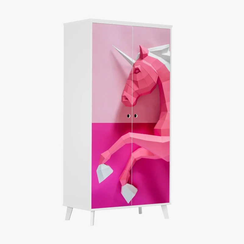 Adesivo per armadio unicorno geometrico rosa su sfondo bicolore