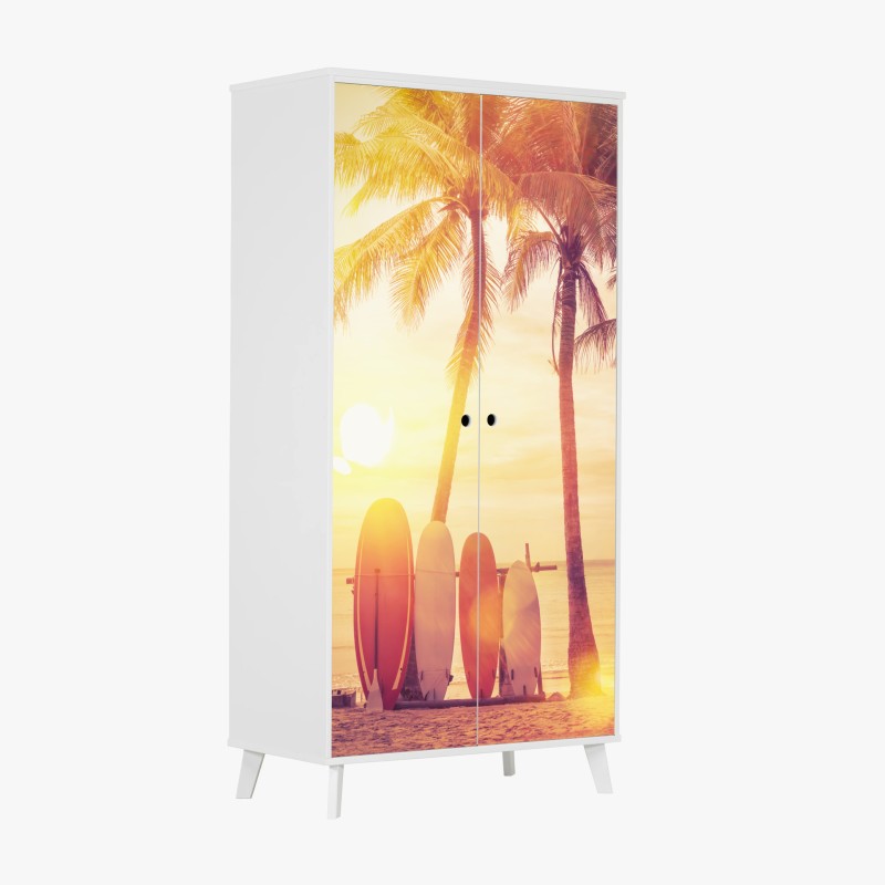 Adesivo per armadio tramonto tropicale con tavole da surf