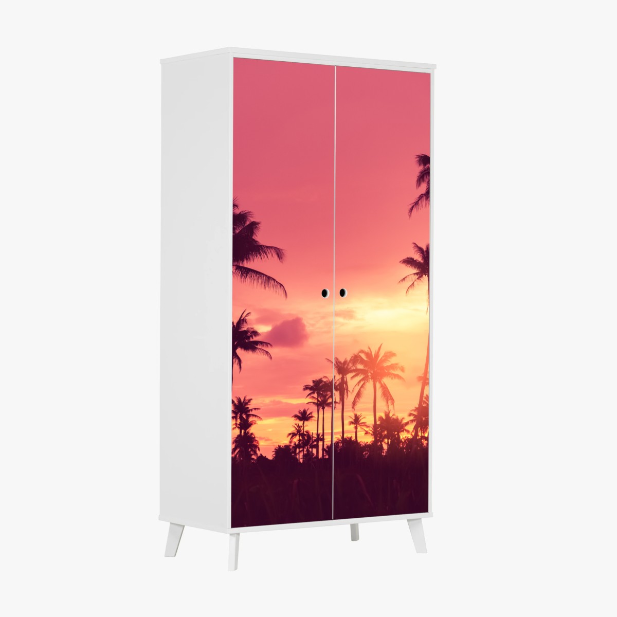 Adesivo per armadio tramonto tropicale con palme in silhouette • Wallissimo®