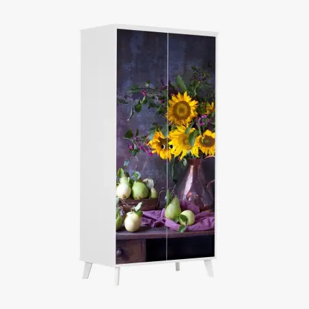 Adesivo per armadio girasoli e pere su tavolo rustico • Wallissimo®