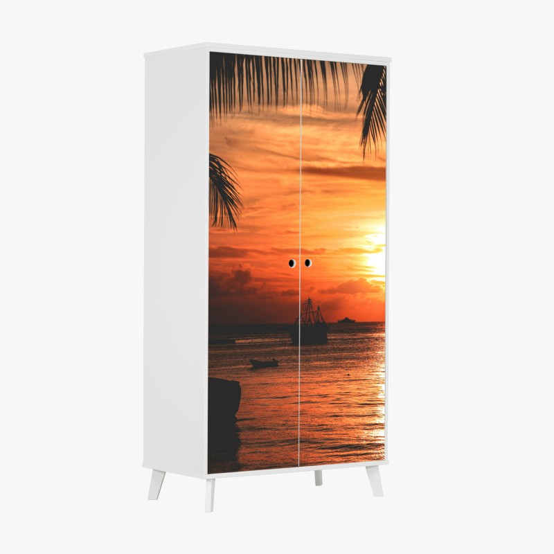 Adesivo per armadio tramonto tropicale sul mare con palme e barche
