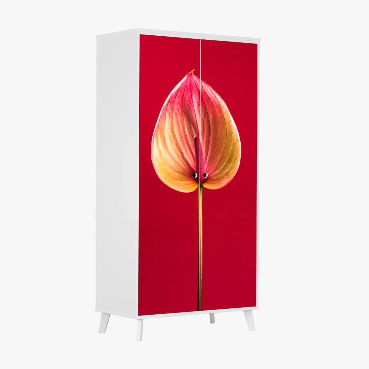 Adesivo per armadio anturio su sfondo rosso in stile botanico minimalista • Wallissimo®