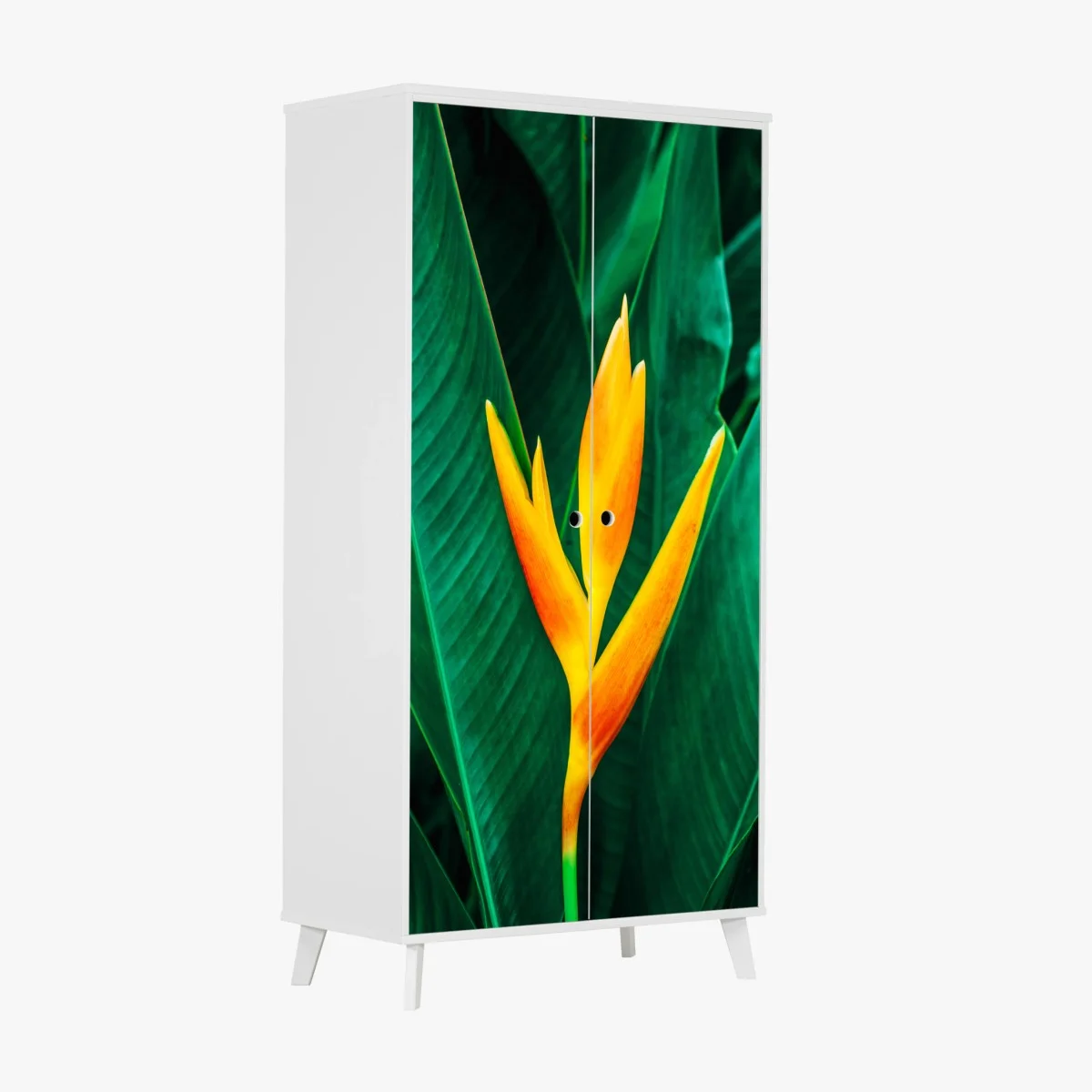 Adesivo per armadio eleganza tropicale: fiore giallo su foglie verdi • Wallissimo® Adesivo per armadio eleganza tropicale: fiore giallo su foglie verdi • Wallissimo®