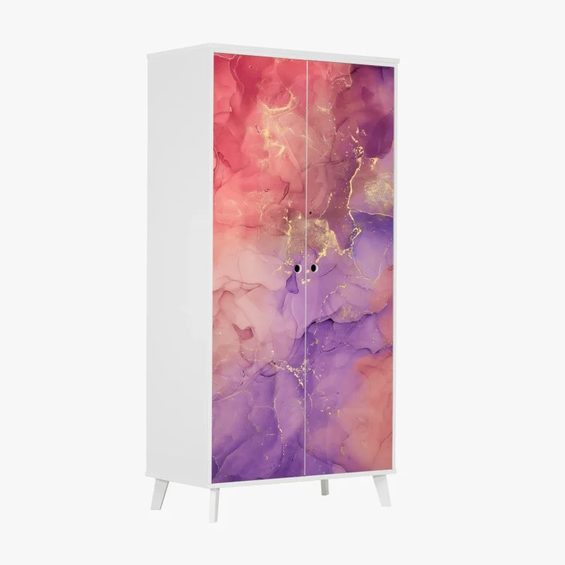 Adesivo per armadio marmo liquido rosa e viola con venature dorate